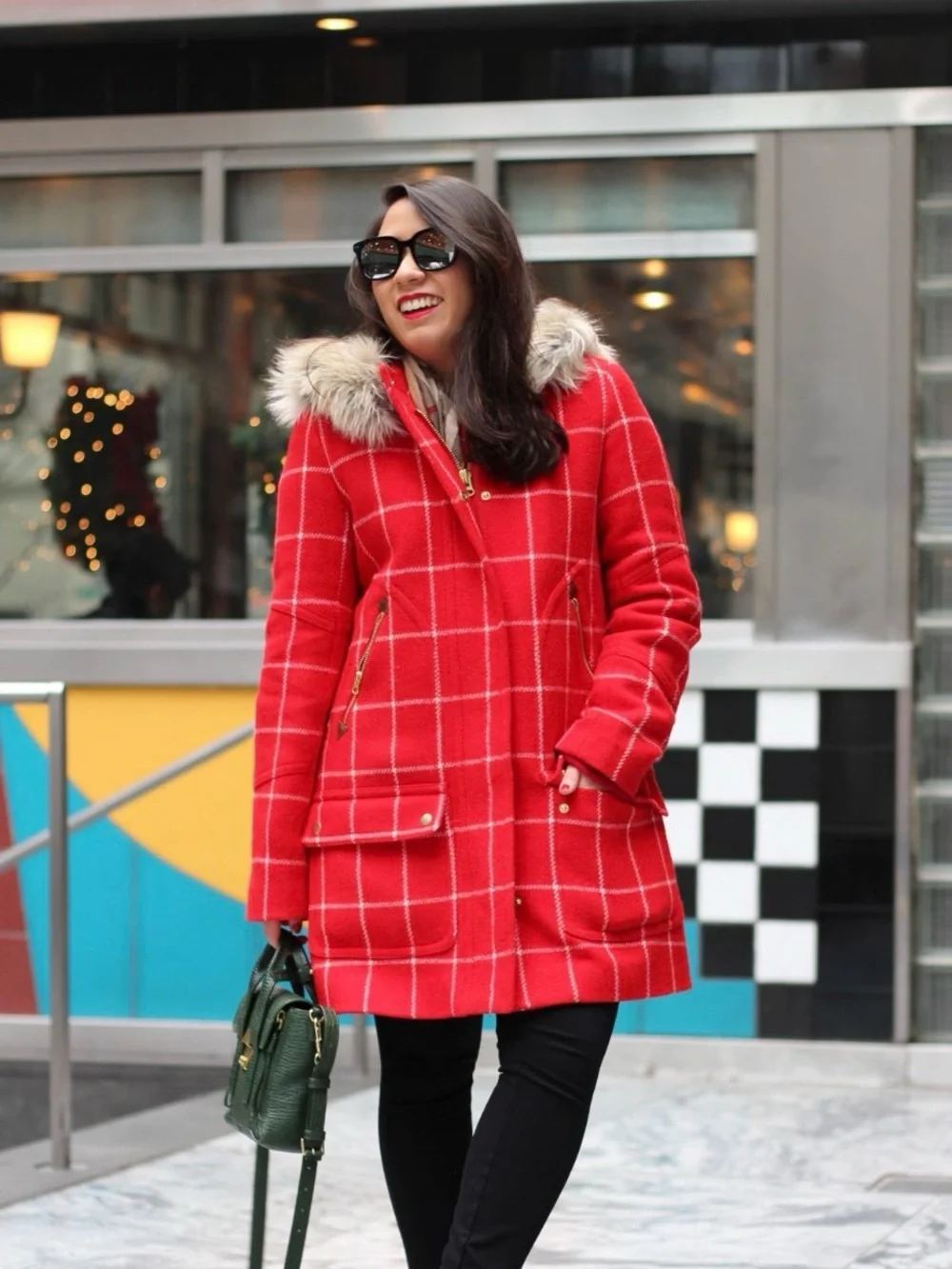 JCrew Chateau Wool Parka Red White Windowpane Plaid Coat w/ Faux Fur Trim Hood 2